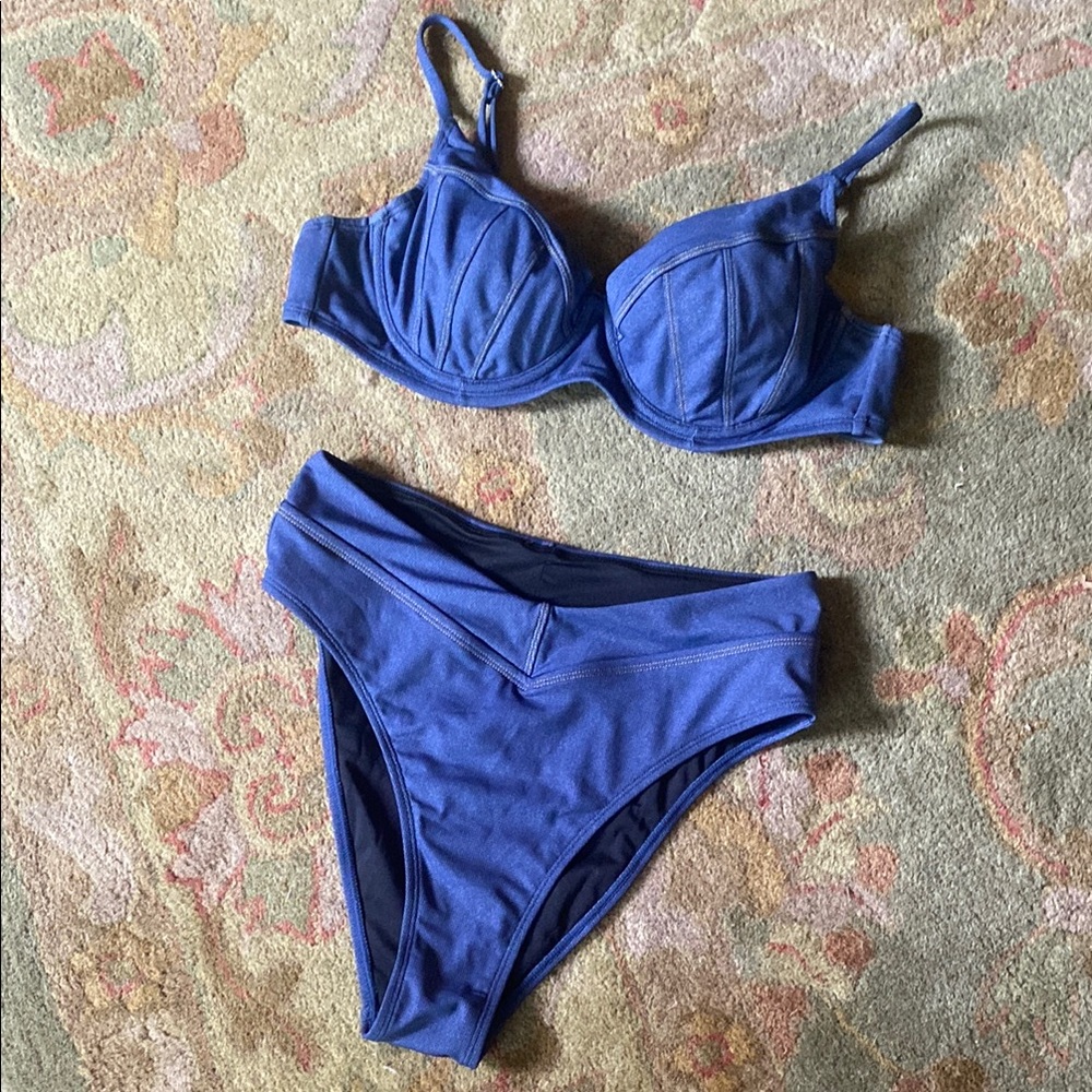 Blue Denim Look Bikini Set Large Top/ Medium Bottoms High Waist Cupshe